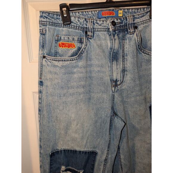 Empyre Pants Mens 30x24 Blue Patchwork Relax Straight Skate Y2K Jeans Bottoms - Picture 2 of 15